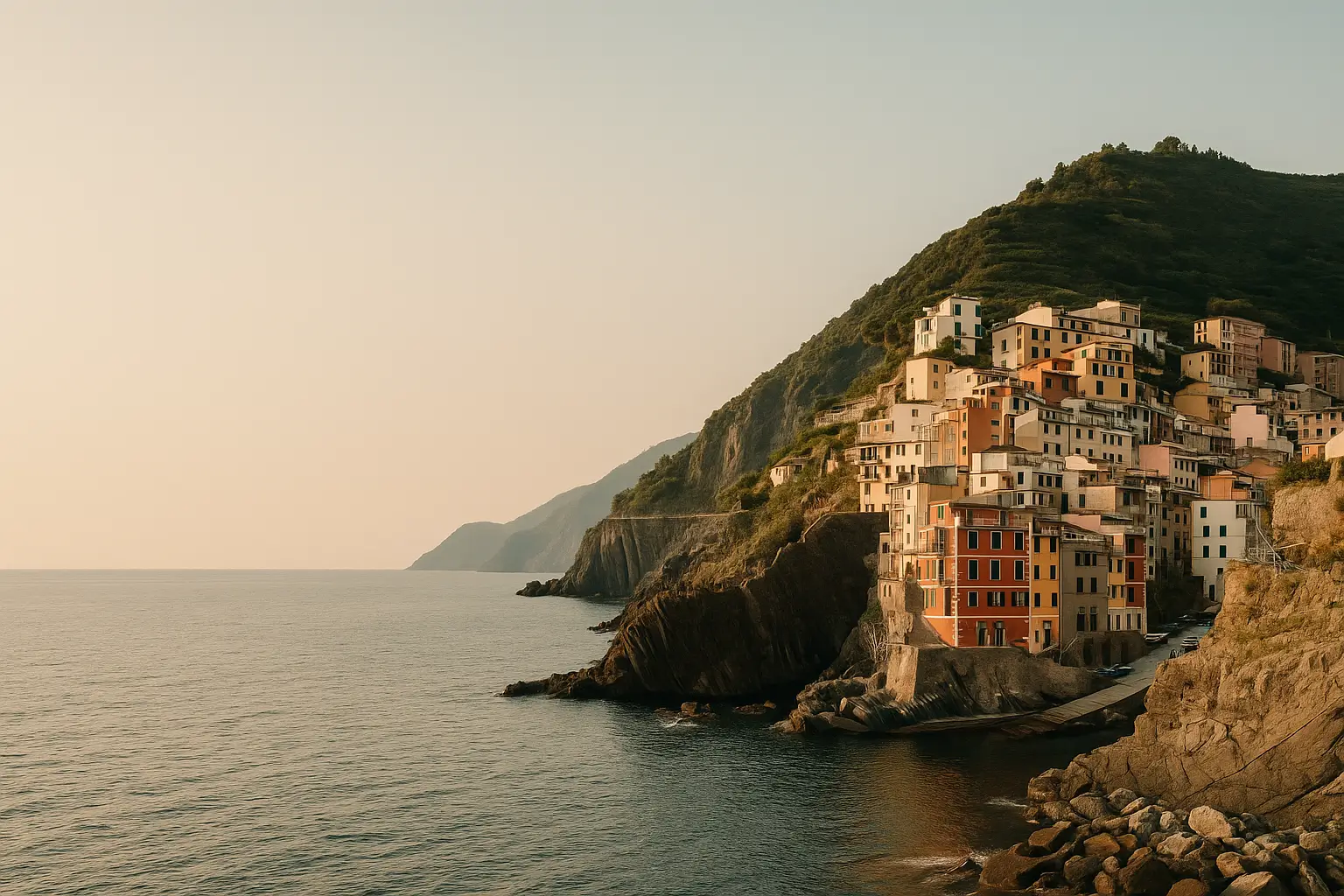 Colorful houses of Cinque Terre perched on the cliffs overlooking the Ligurian Sea at sunset.