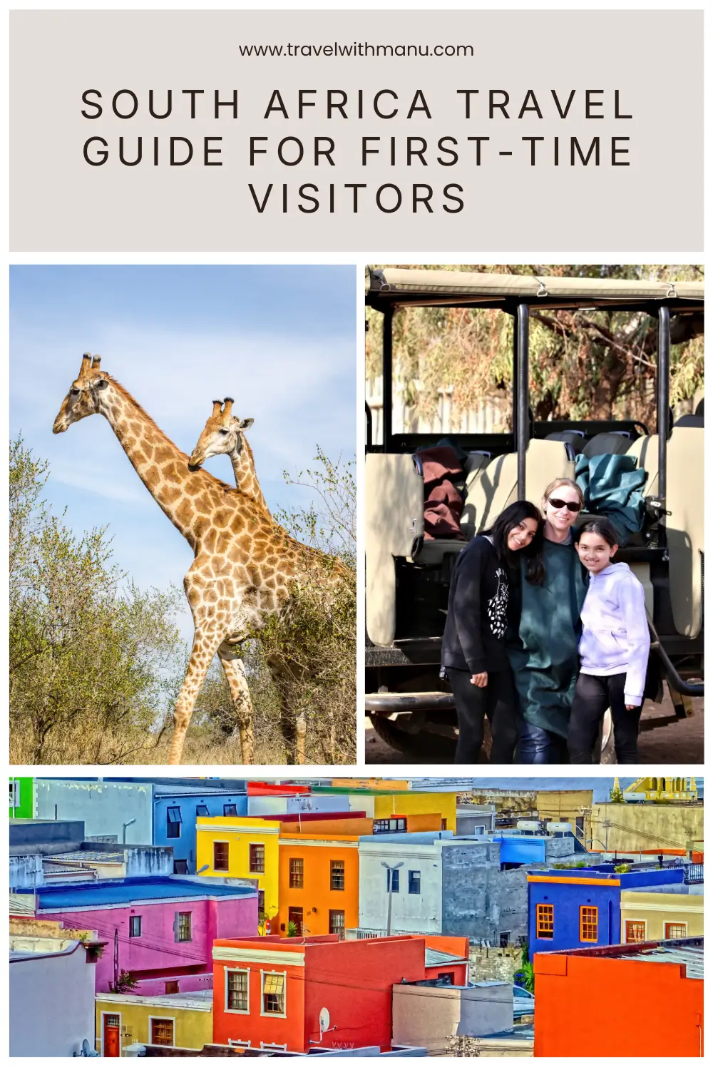 South Africa travel guide cover showing safari wildlife, personal travel moments, and vibrant city scenes.
