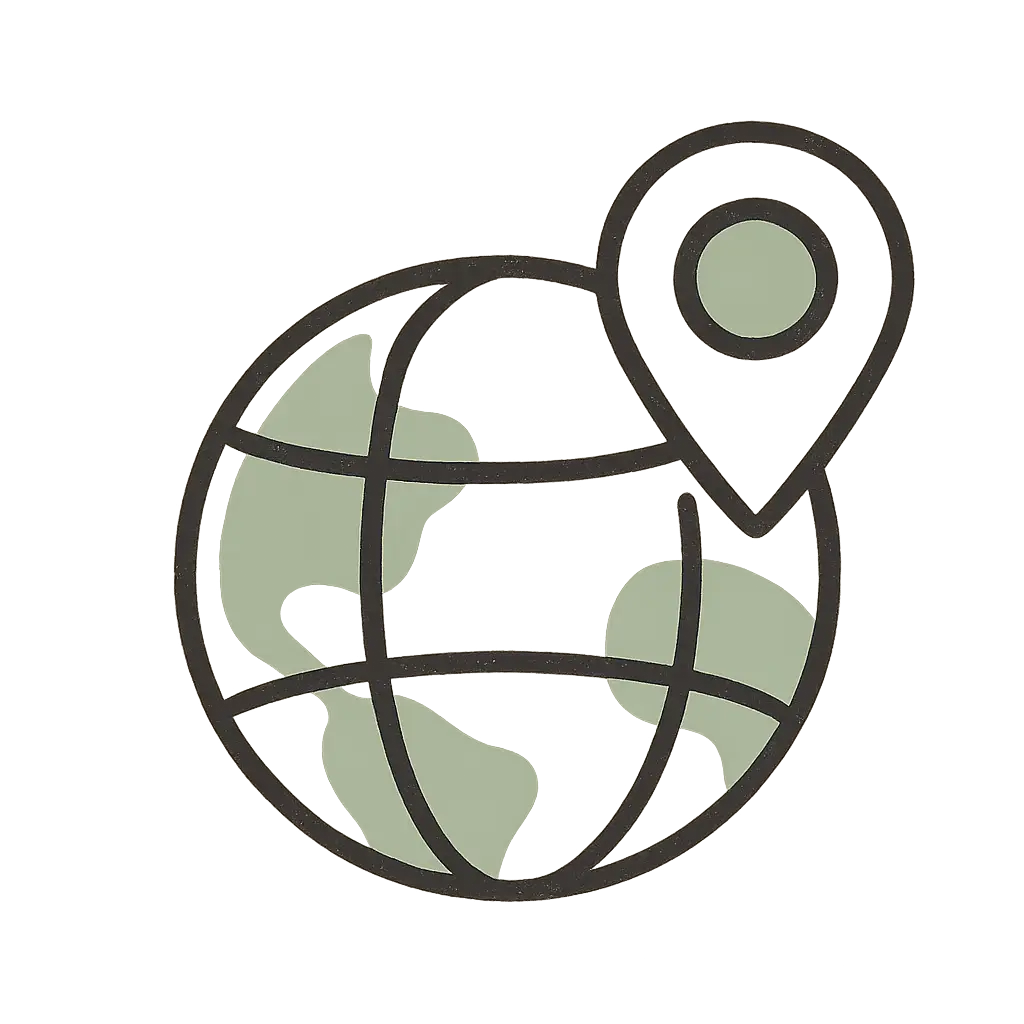 Minimal globe with map pin icon symbolising worldwide travel stories and guides.