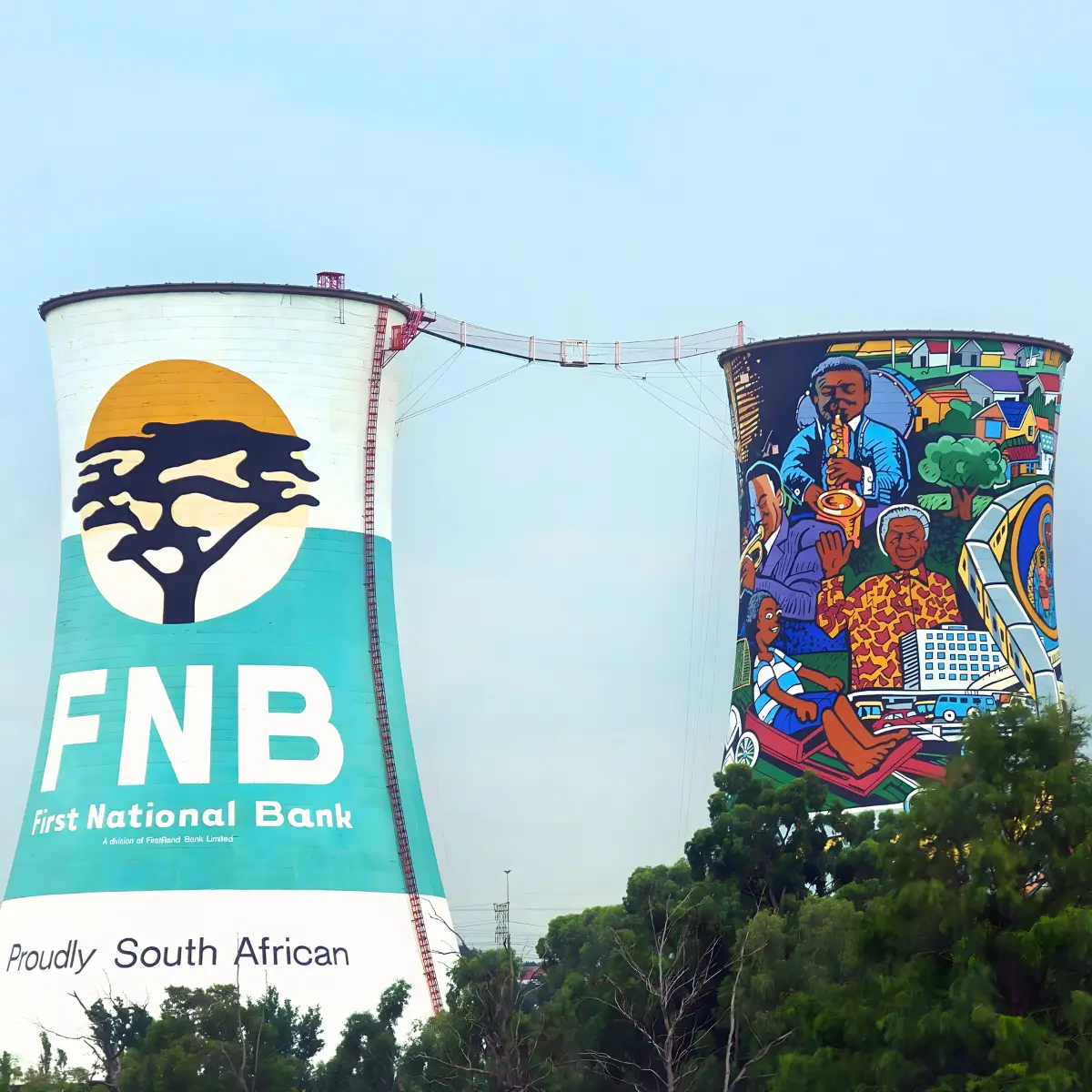 The Orlando Towers in Soweto, featuring the FNB artwork and a colourful community mural.