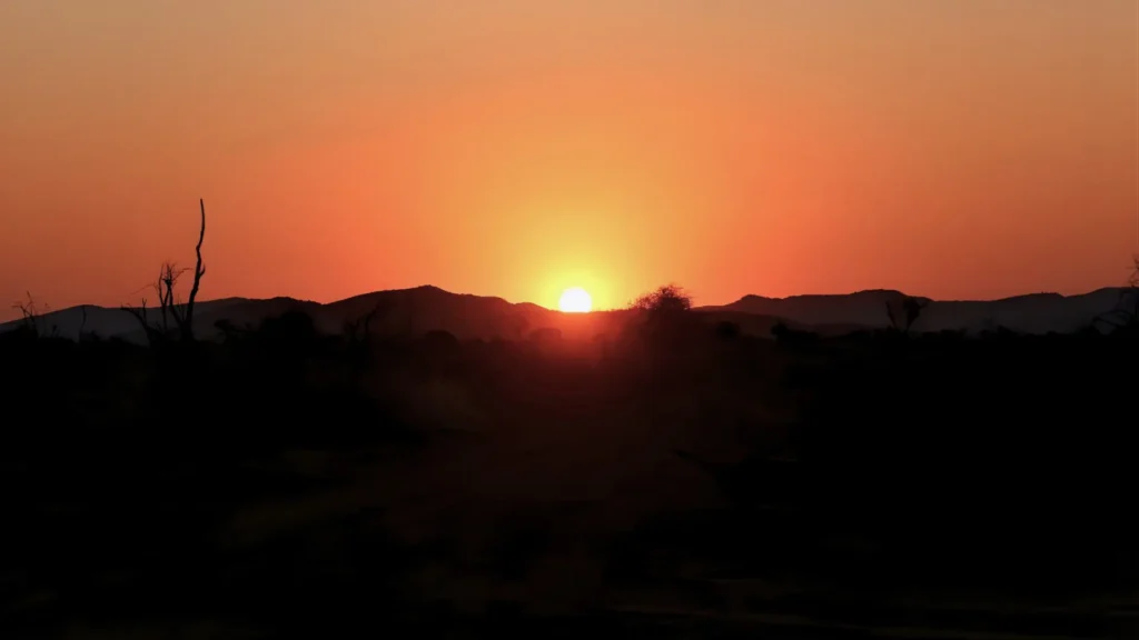 Sunset over the South African bushveld during a safari in Madikwe Game Reserve.