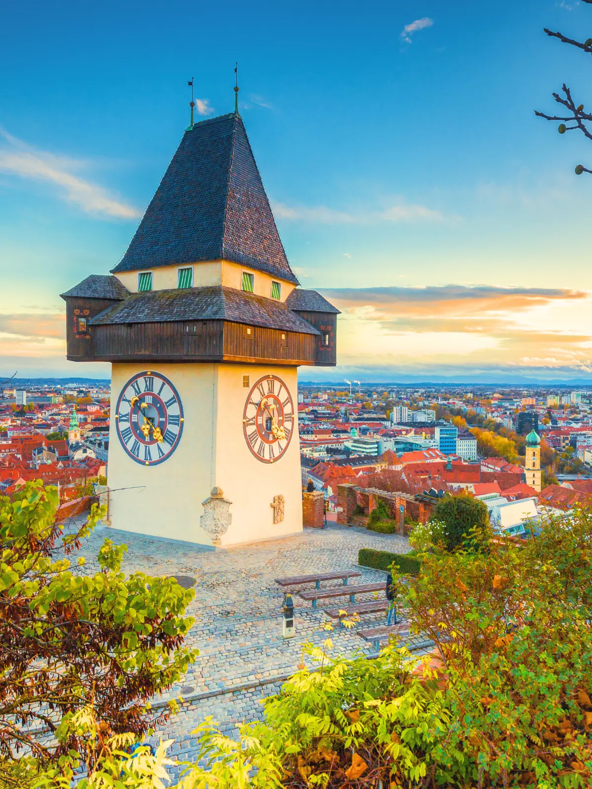 Graz Uhrturm clock tower overlooking the city of Graz.