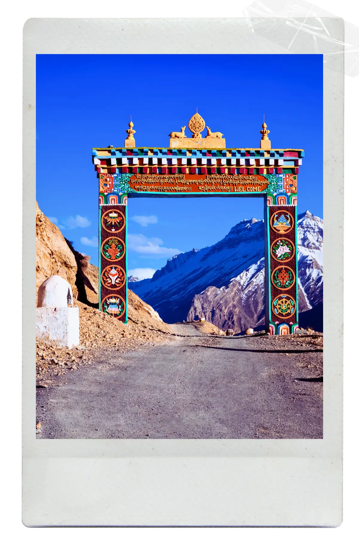 Colourful ceremonial gateway at a Himalayan mountain pass in northern India.