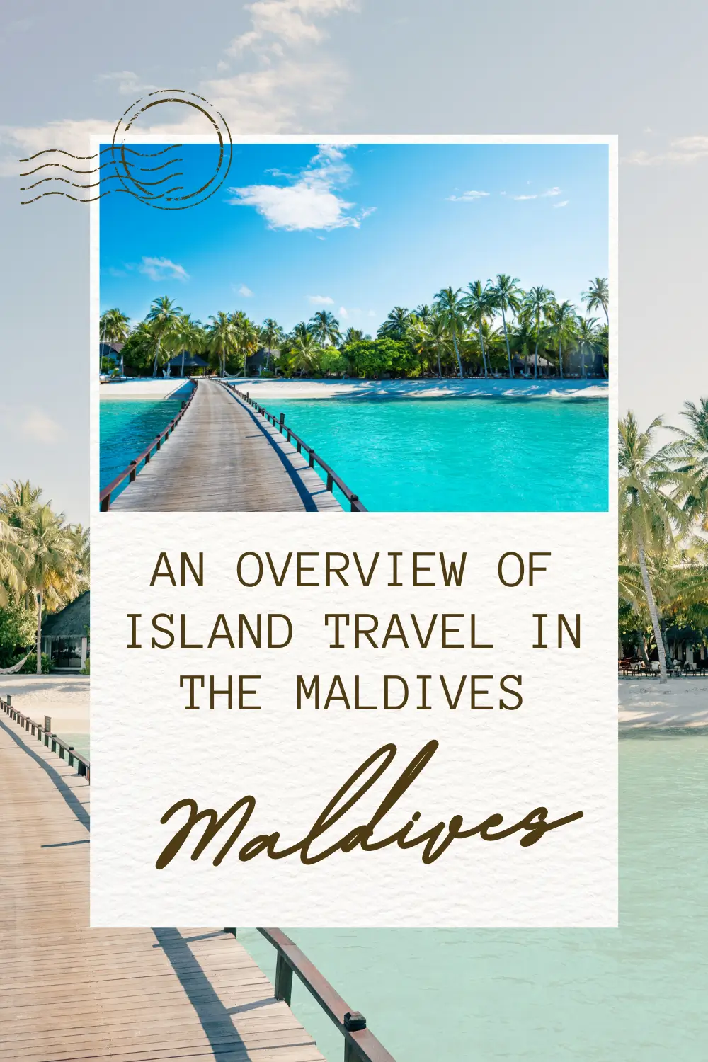 A wooden jetty leading over clear turquoise water to a tropical island with palm trees in the Maldives.