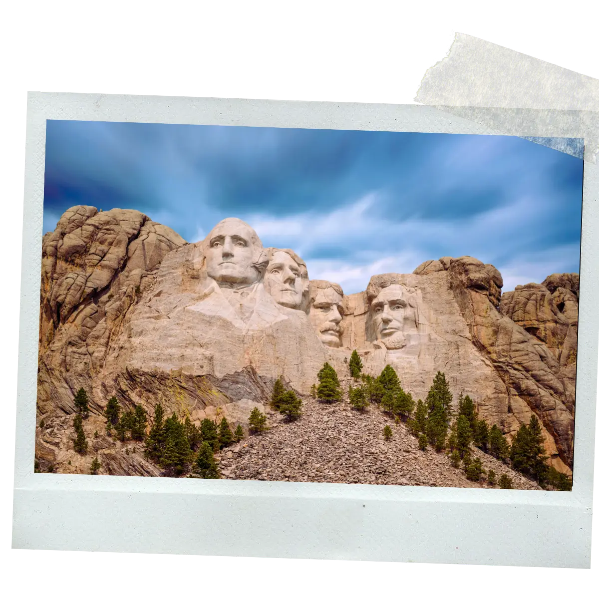 Mount Rushmore National Memorial with carved presidential faces set into granite cliffs in South Dakota, United States.