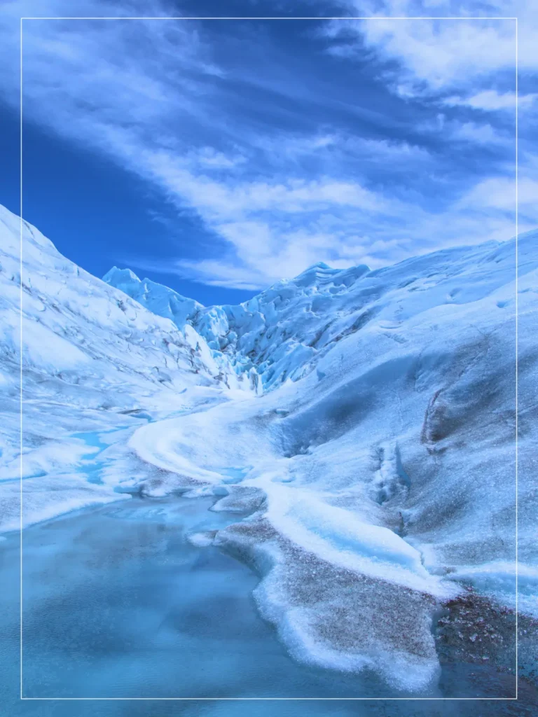 Ice formations and meltwater on Perito Moreno Glacier in Patagonia, Argentina.
