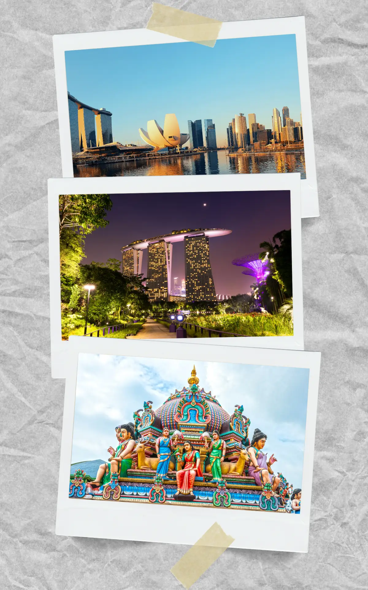 Postcard-style collage of Singapore landmarks