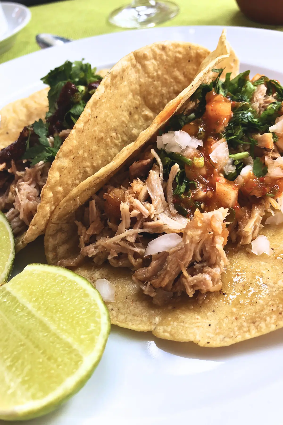 Mexican tacos filled with shredded meat and fresh herbs, served on corn tortillas with lime and salsa.