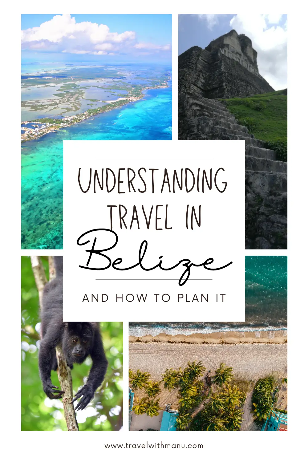 Collage showing Belize’s coastline, Maya ruins, wildlife, and beaches.