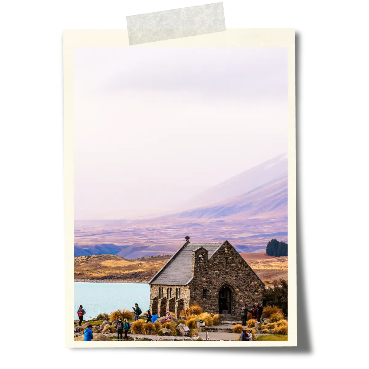 Church of the Good Shepherd on the shore of Lake Tekapo with mountains in the background, New Zealand.