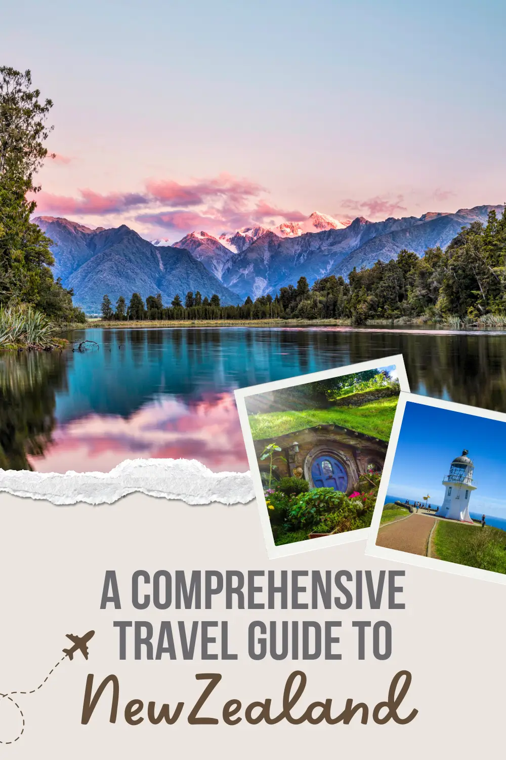 New Zealand travel guide cover with mountain landscape and lake reflection.