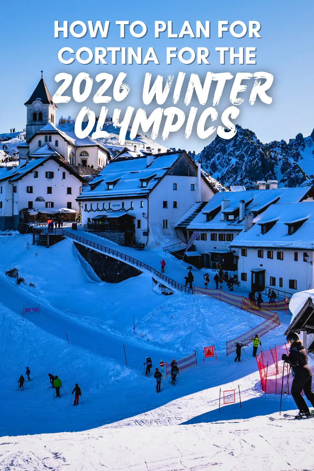 Pinterest graphic of Cortina in winter with headline about planning a trip for the 2026 Winter Olympics