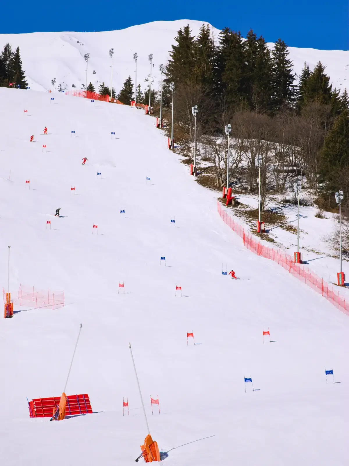 Alpine ski race course with red and blue gates on a snowy slope in Cortina d’Ampezzo.