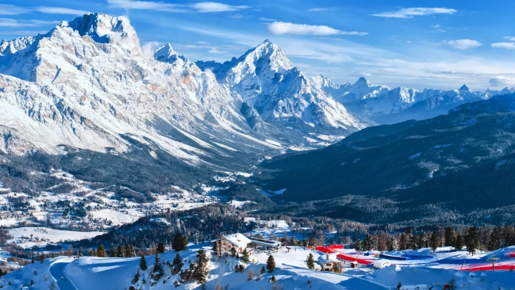 Cortina d’Ampezzo in winter with ski slopes in the Dolomites ahead of the 2026 Winter Olympics.
