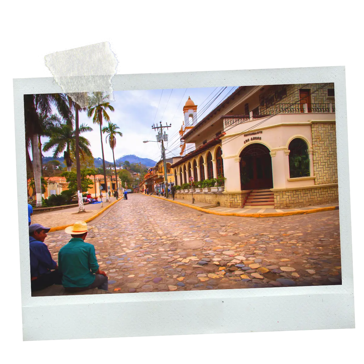Cobblestone street and colonial buildings in Gracias, Honduras.