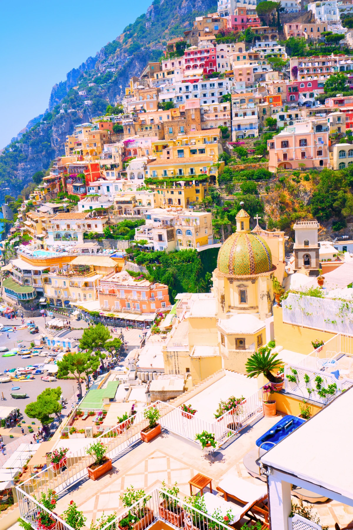 Positano hillside and colourful buildings on the Amalfi Coast, Italy.