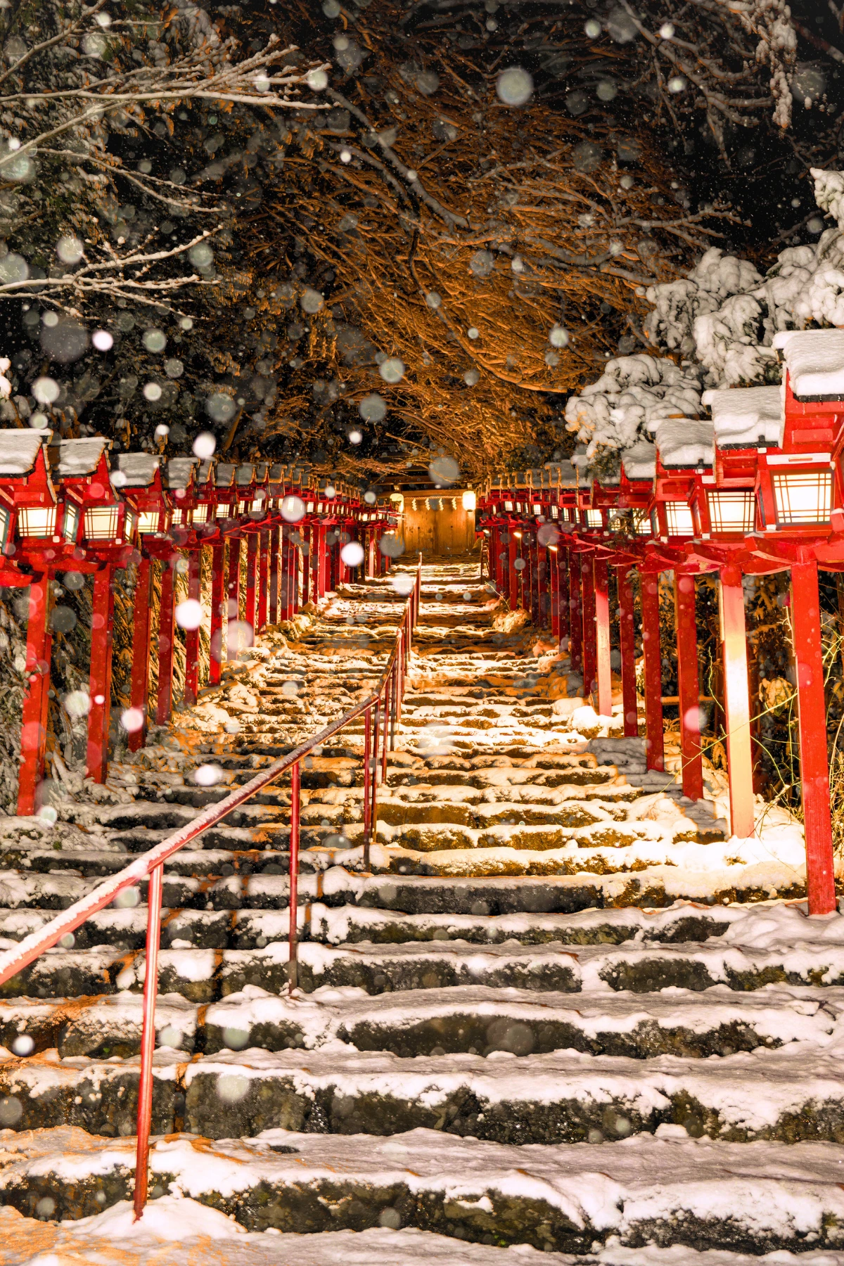 Snow-covered shrine steps in Kyoto with red lanterns glowing at night.