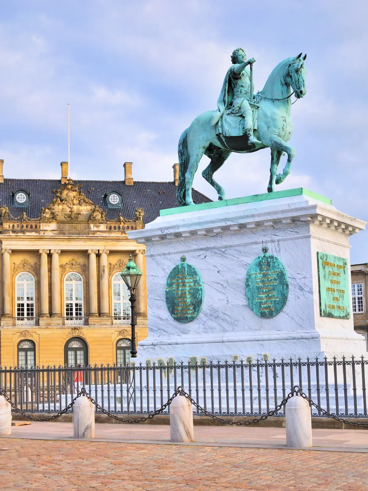 Equestrian statue of King Frederick V at Amalienborg Palace Square in Copenhagen, Denmark.