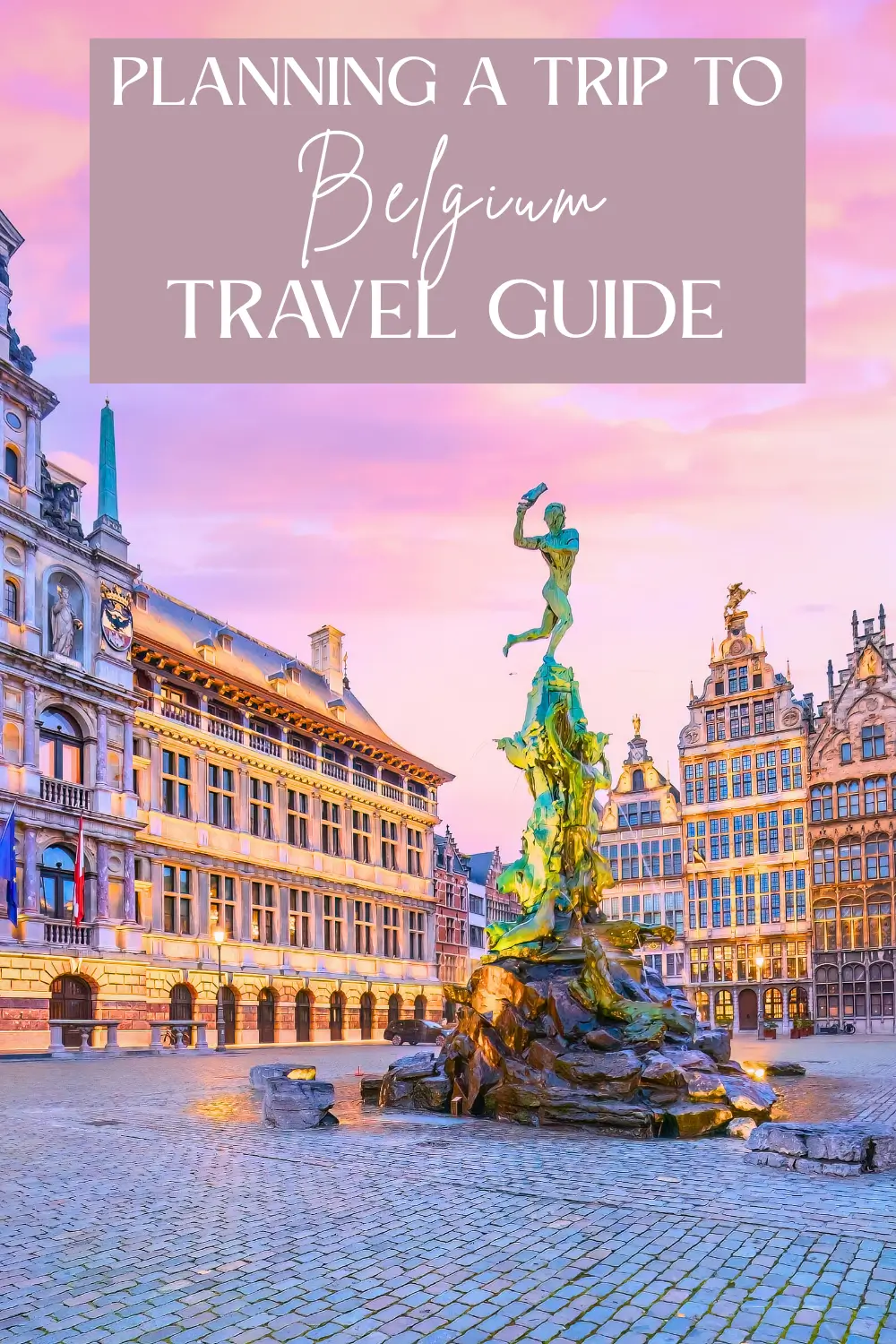 Brabo Fountain in Grote Markt square with historic guild houses in Antwerp, Belgium at sunset.