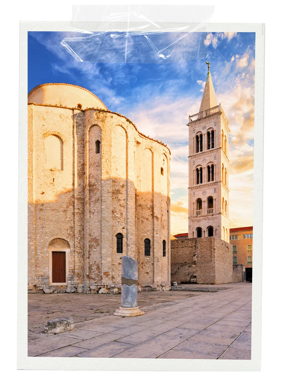 Church of St Donatus and cathedral bell tower in Zadar historic centre Croatia at sunset.