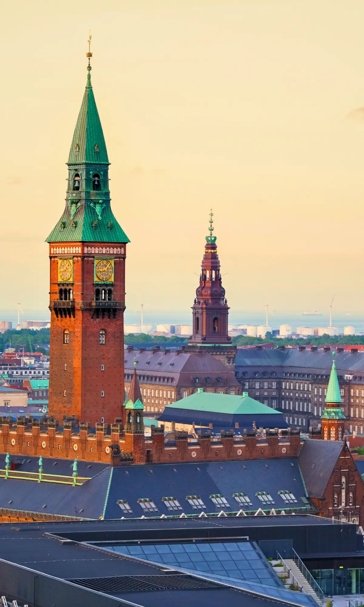 Copenhagen City Hall tower rising above the historic skyline of Copenhagen, Denmark.