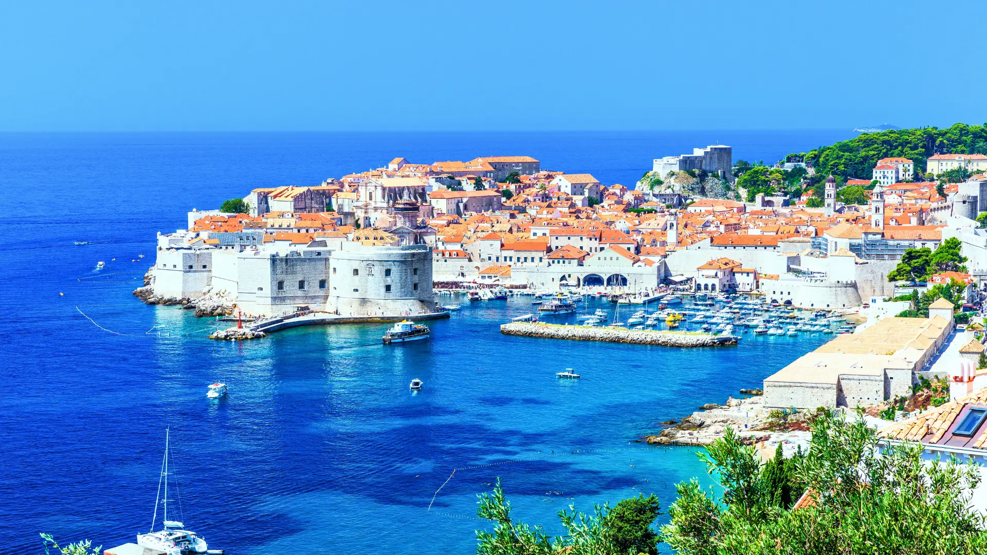 Panoramic view of Dubrovnik Old Town and harbour along the Adriatic coast in Croatia.