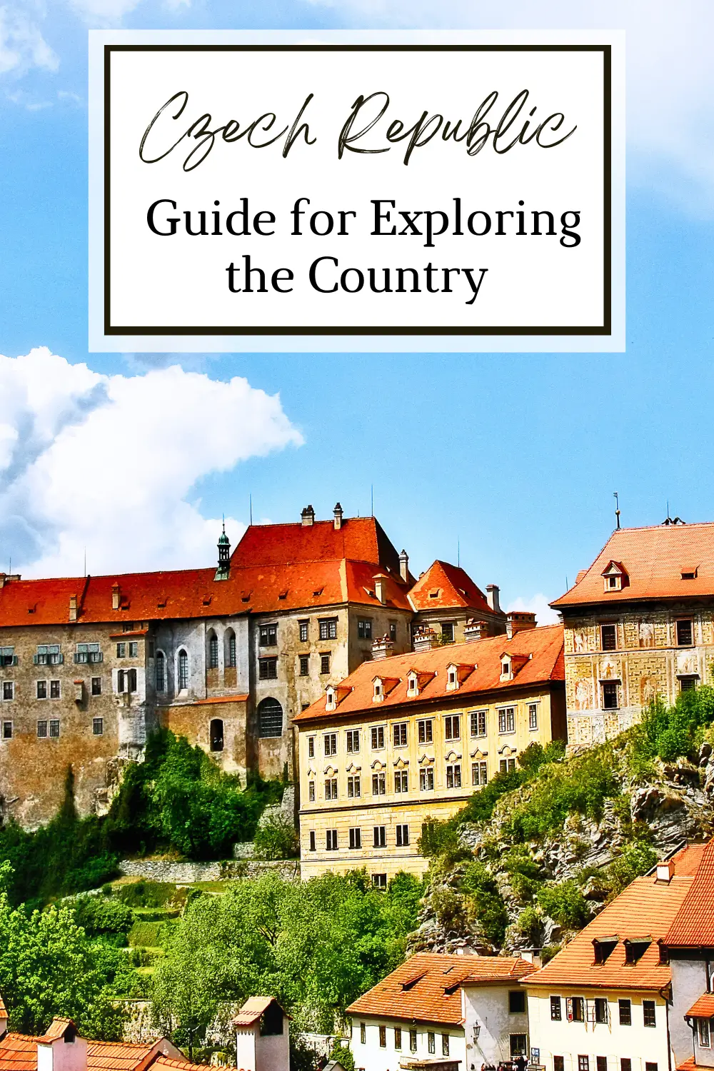 Historic Czech Republic town with castle and red rooftops travel guide cover.