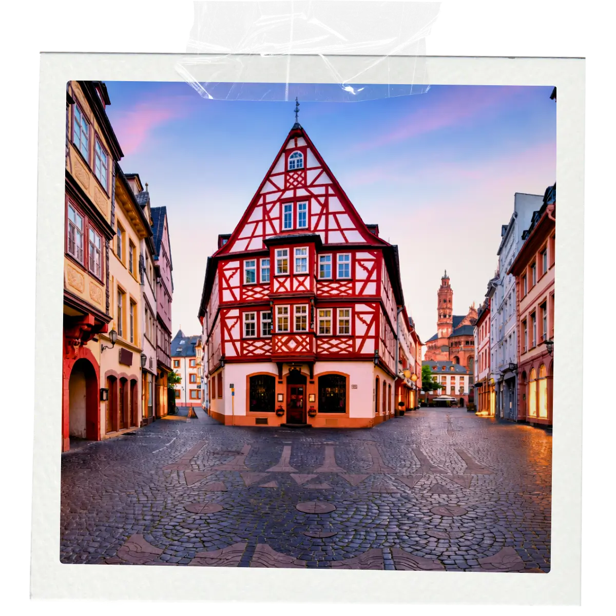 Traditional half-timbered house on a cobbled street in a German old town.