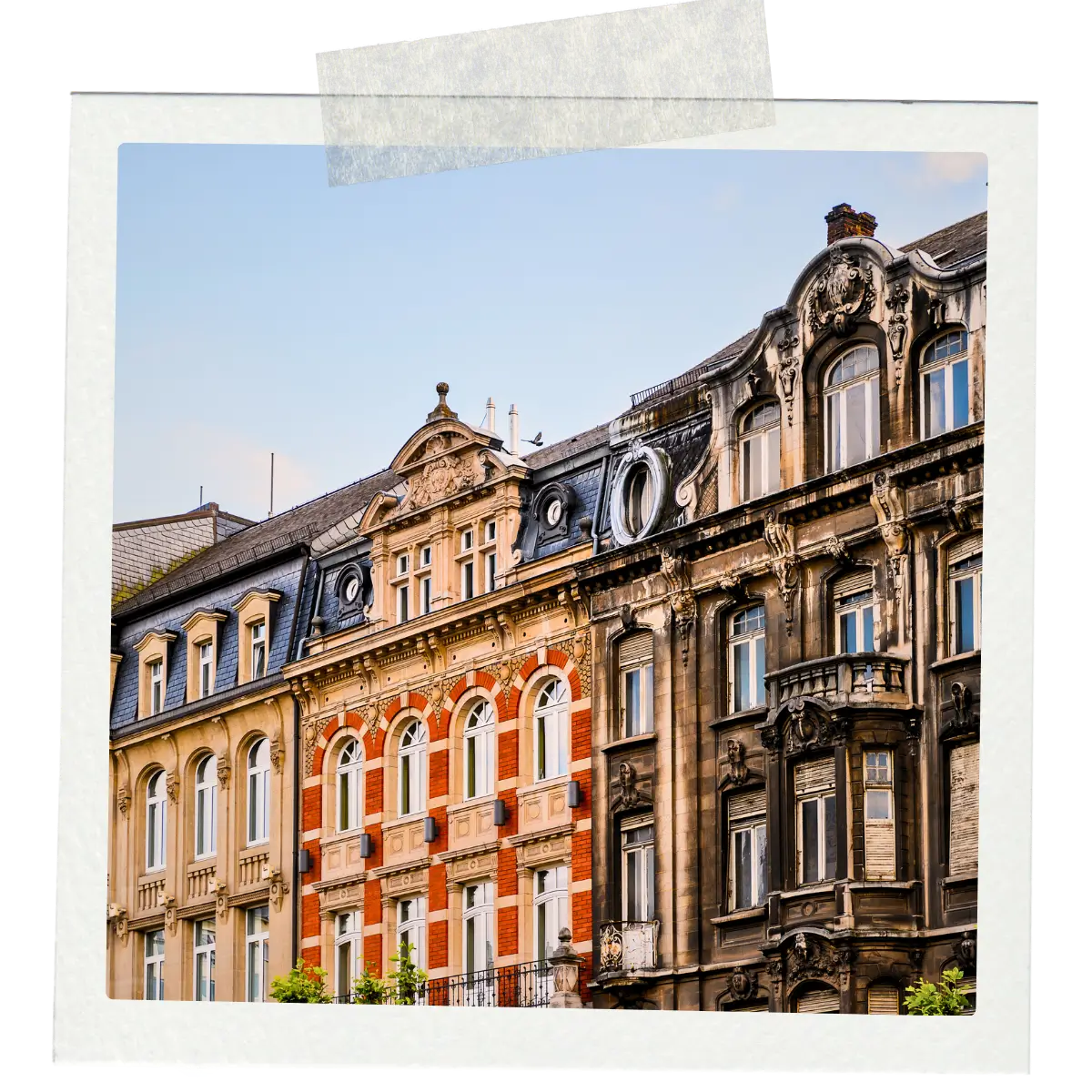 Historic buildings with ornate facades and detailed architecture in Luxembourg old town.