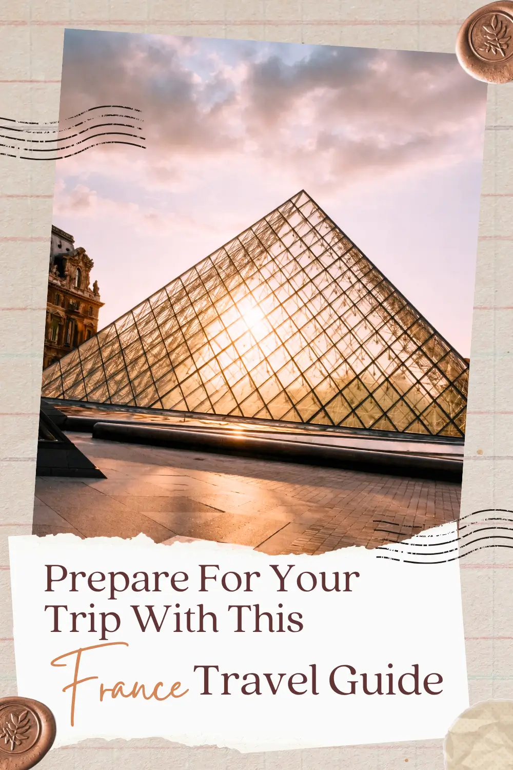 Louvre Pyramid in Paris at sunset featured on a France travel guide cover design.