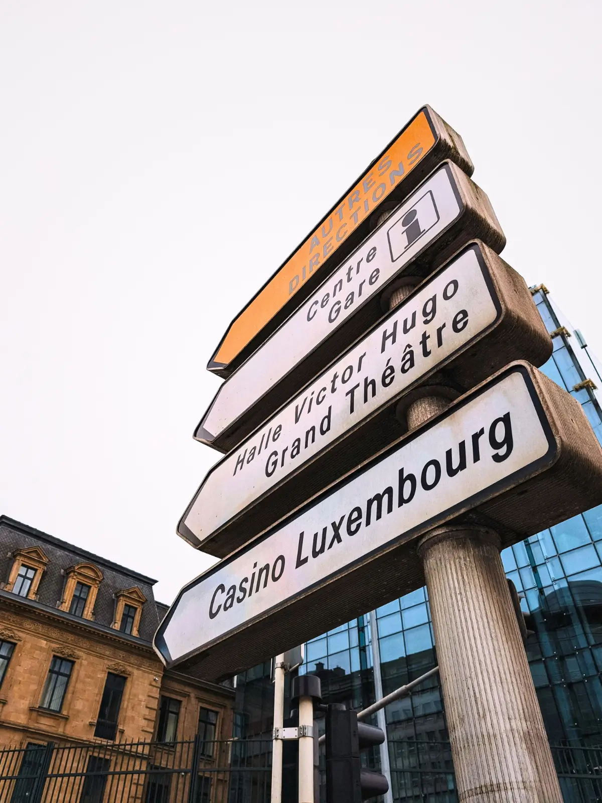 Direction sign pointing to Centre Gare, Grand Théâtre and Casino Luxembourg in Luxembourg City.