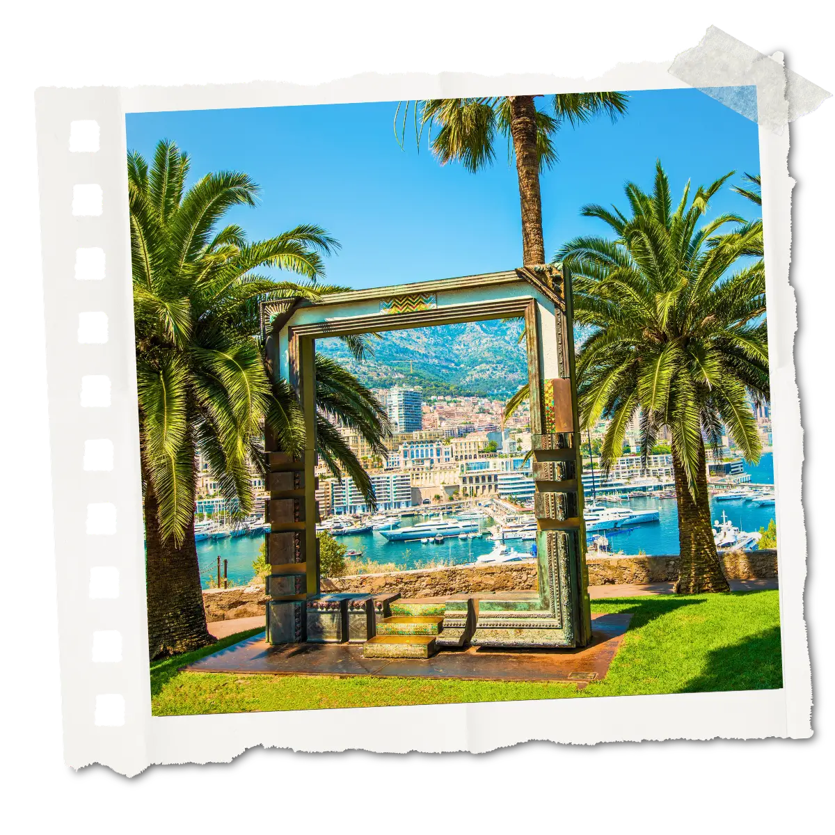 Framed view of Port Hercules in Monaco with palm trees, marina, and city buildings along the waterfront.