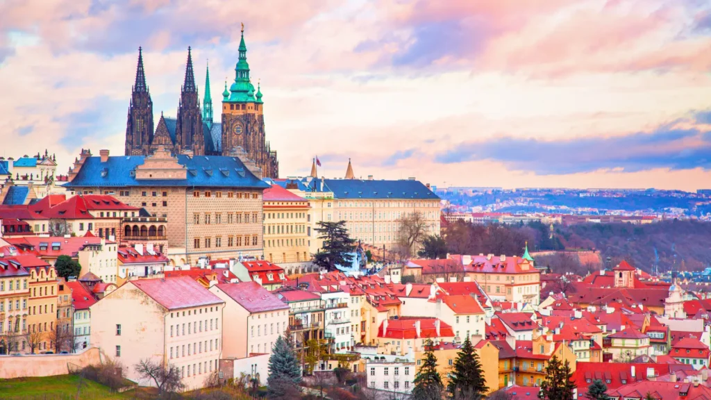 Prague skyline with Prague Castle and St Vitus Cathedral in the Czech Republic.