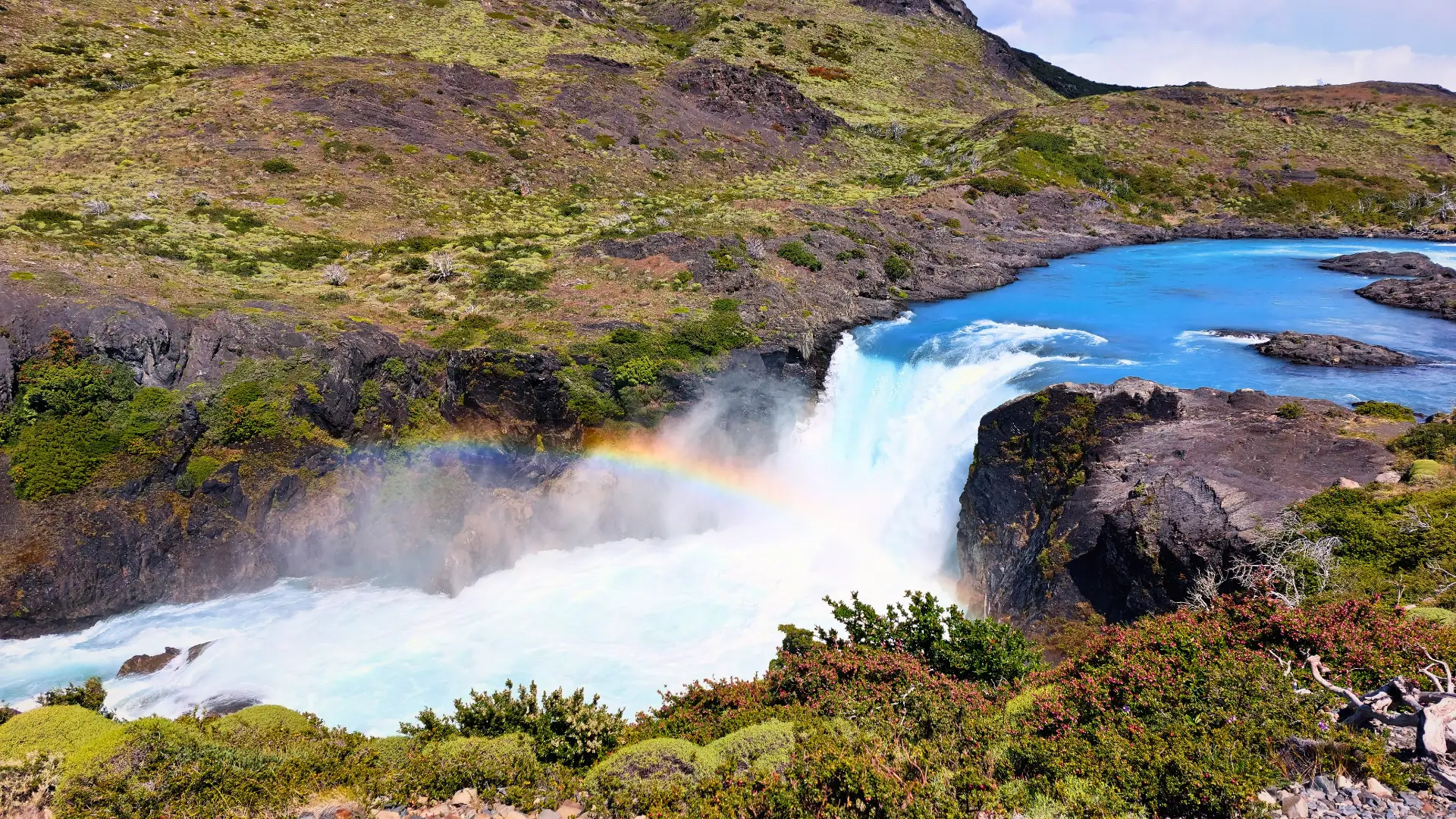 Salto del Laja waterfall with rainbow in central Chile.