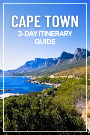 Cape Town coastline with mountains and ocean, 3-day itinerary guide cover.