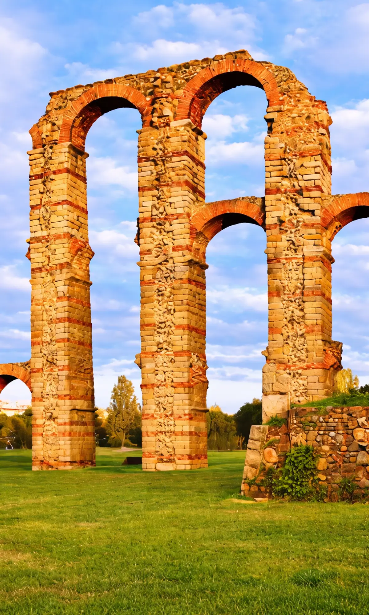 Roman arches of Acueducto de los Milagros in Mérida standing over a grassy field.