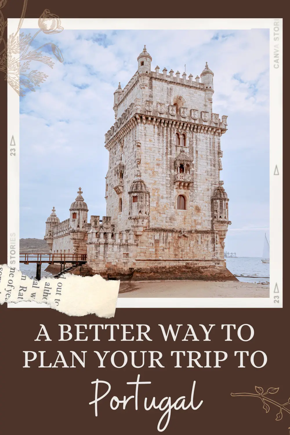Belém Tower in Lisbon framed in a travel guide style cover design for planning a trip to Portugal.