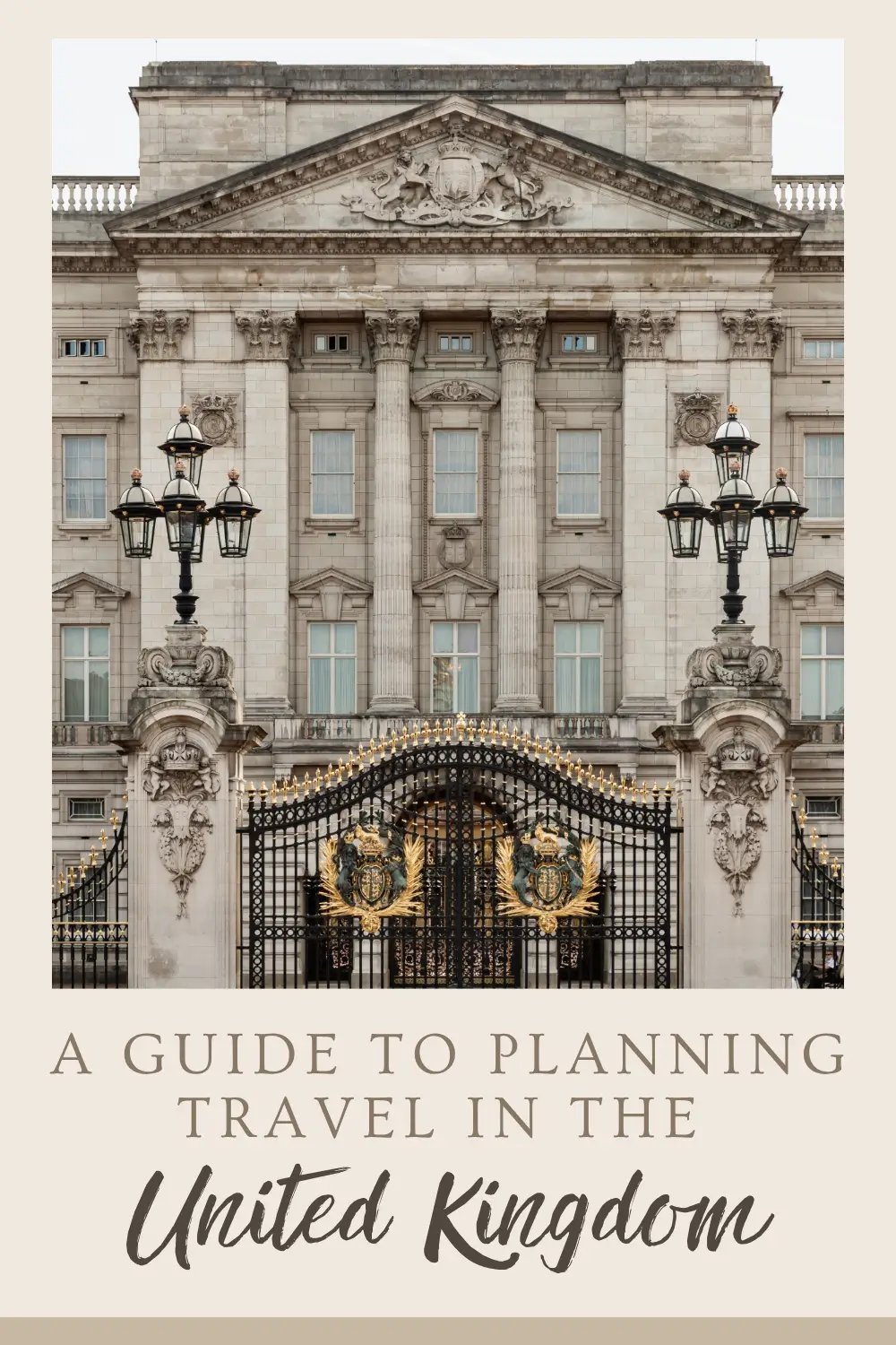 Front view of Buckingham Palace gates and facade in London with ornate details and columns.