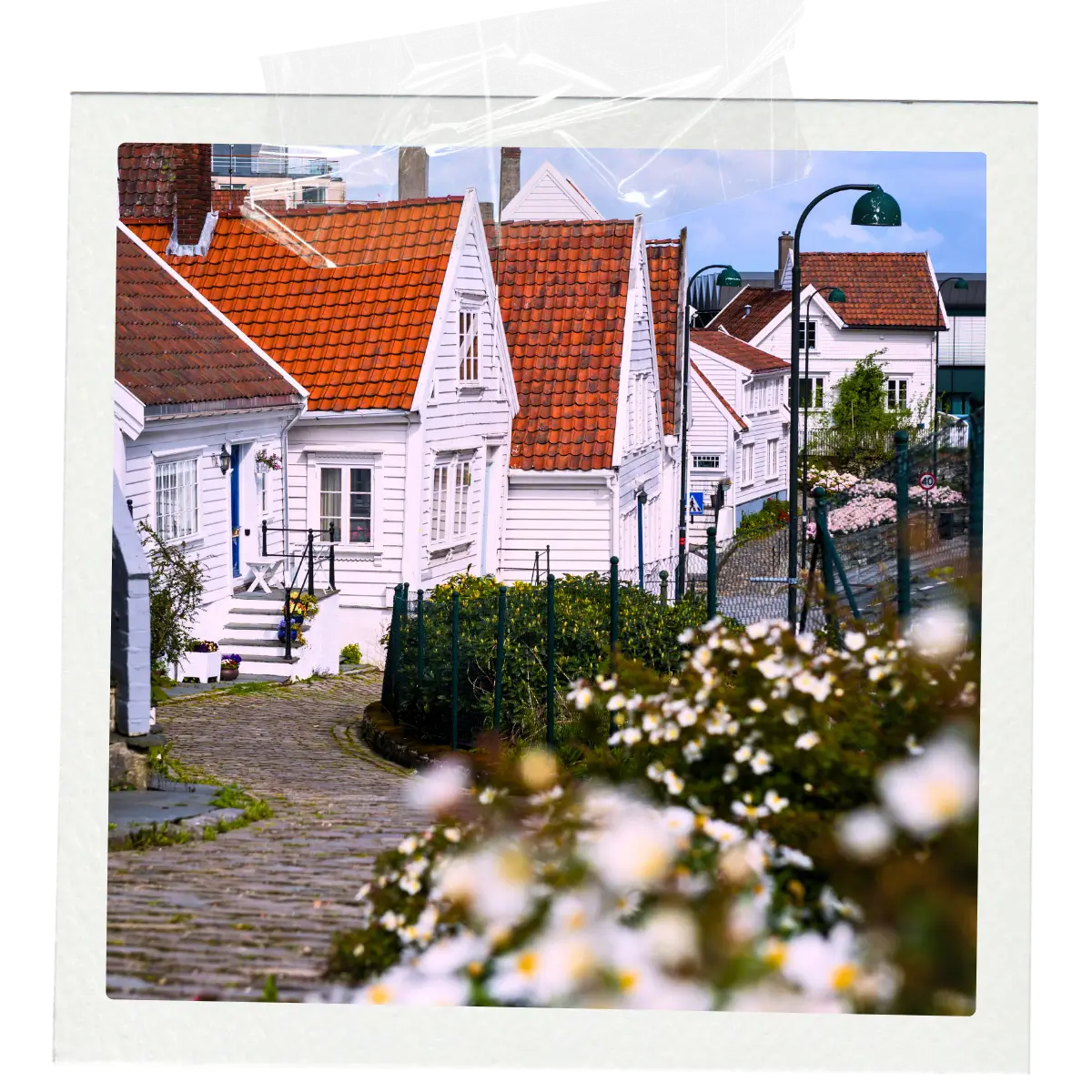 Traditional white wooden houses with red roofs along a cobbled street.