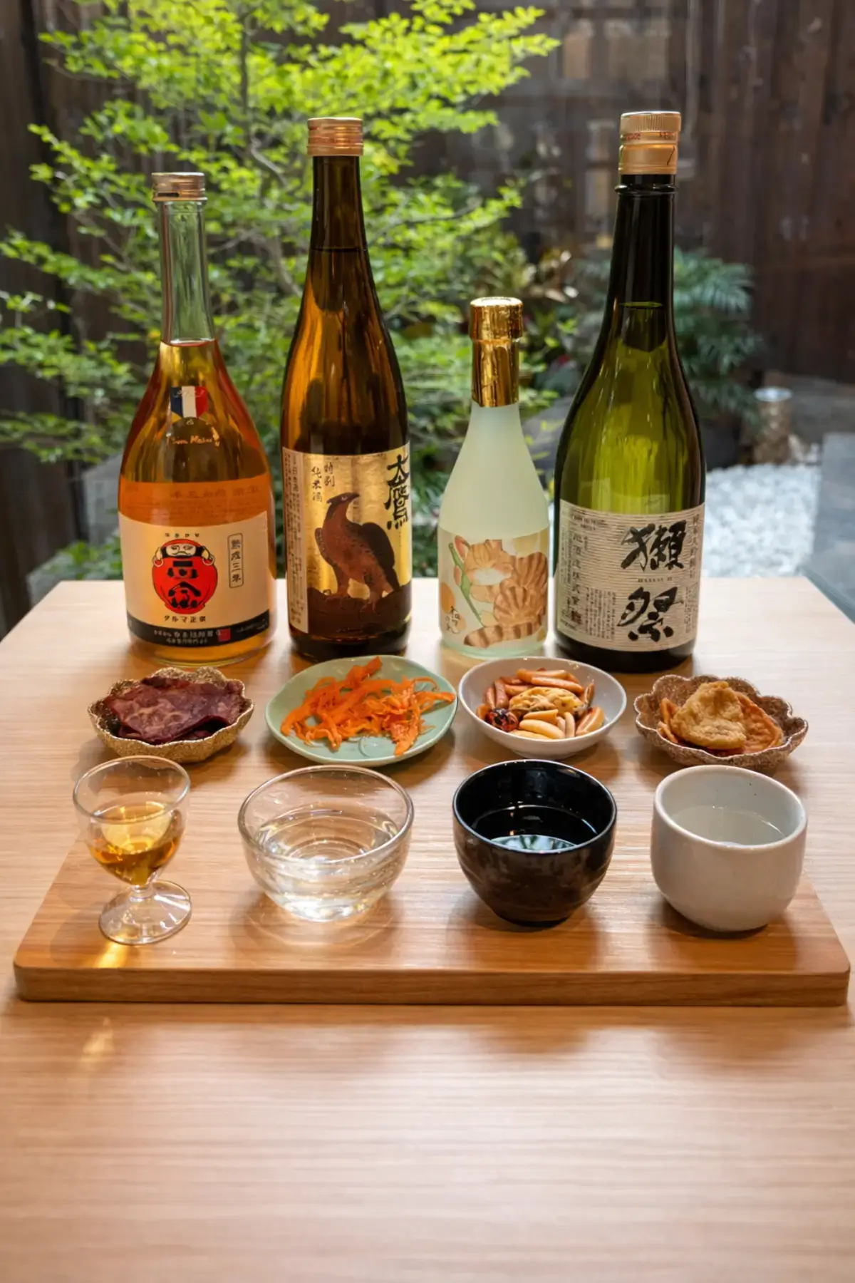 Sake tasting set with small dishes and different varieties in Fushimi Sake District.