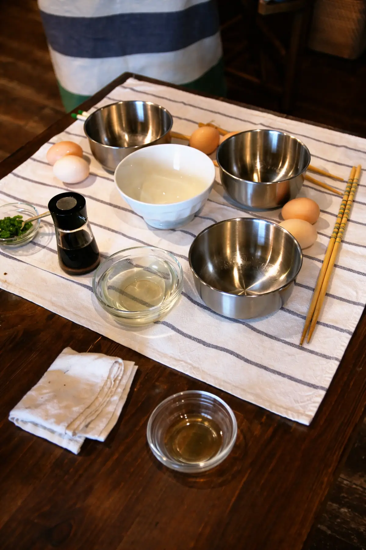 Ingredients and utensils prepared for a cooking class at Haru Cooking Class in Kyoto.