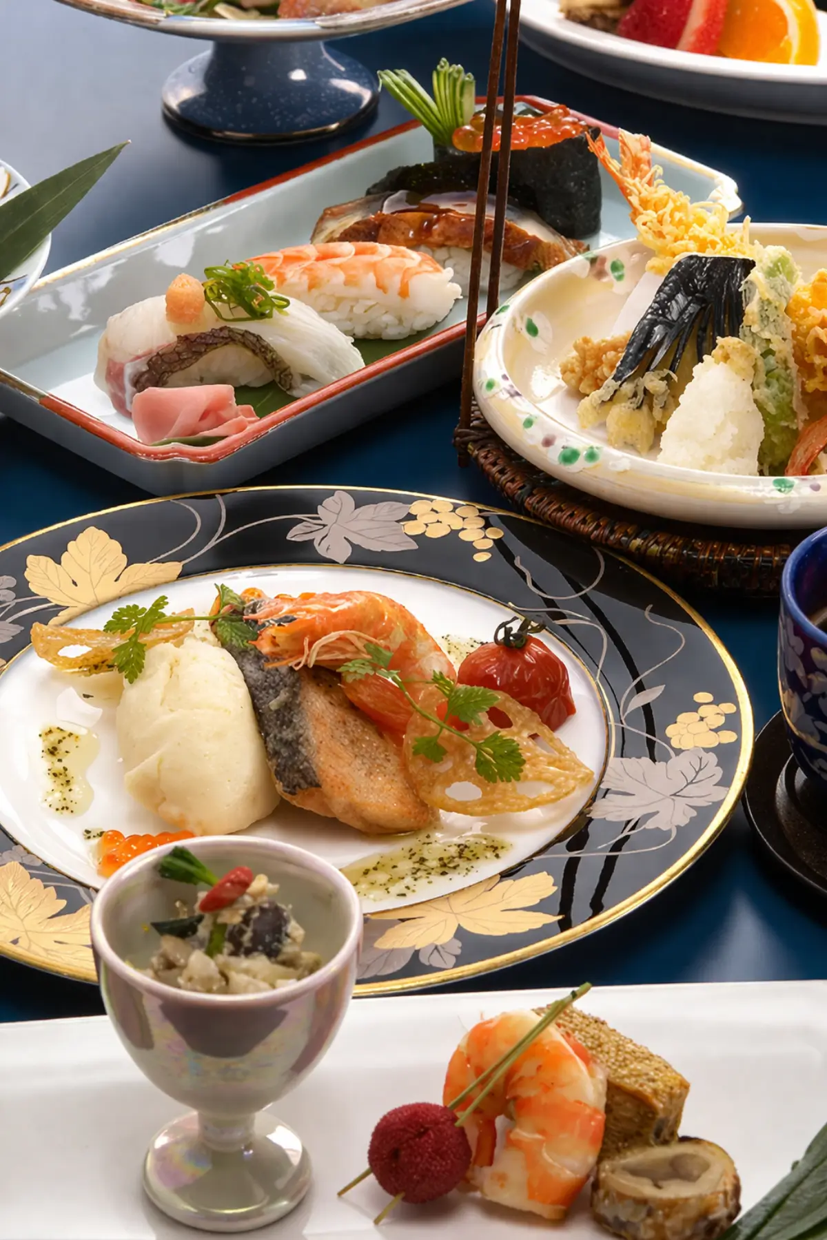 Traditional kaiseki meal with multiple dishes served.