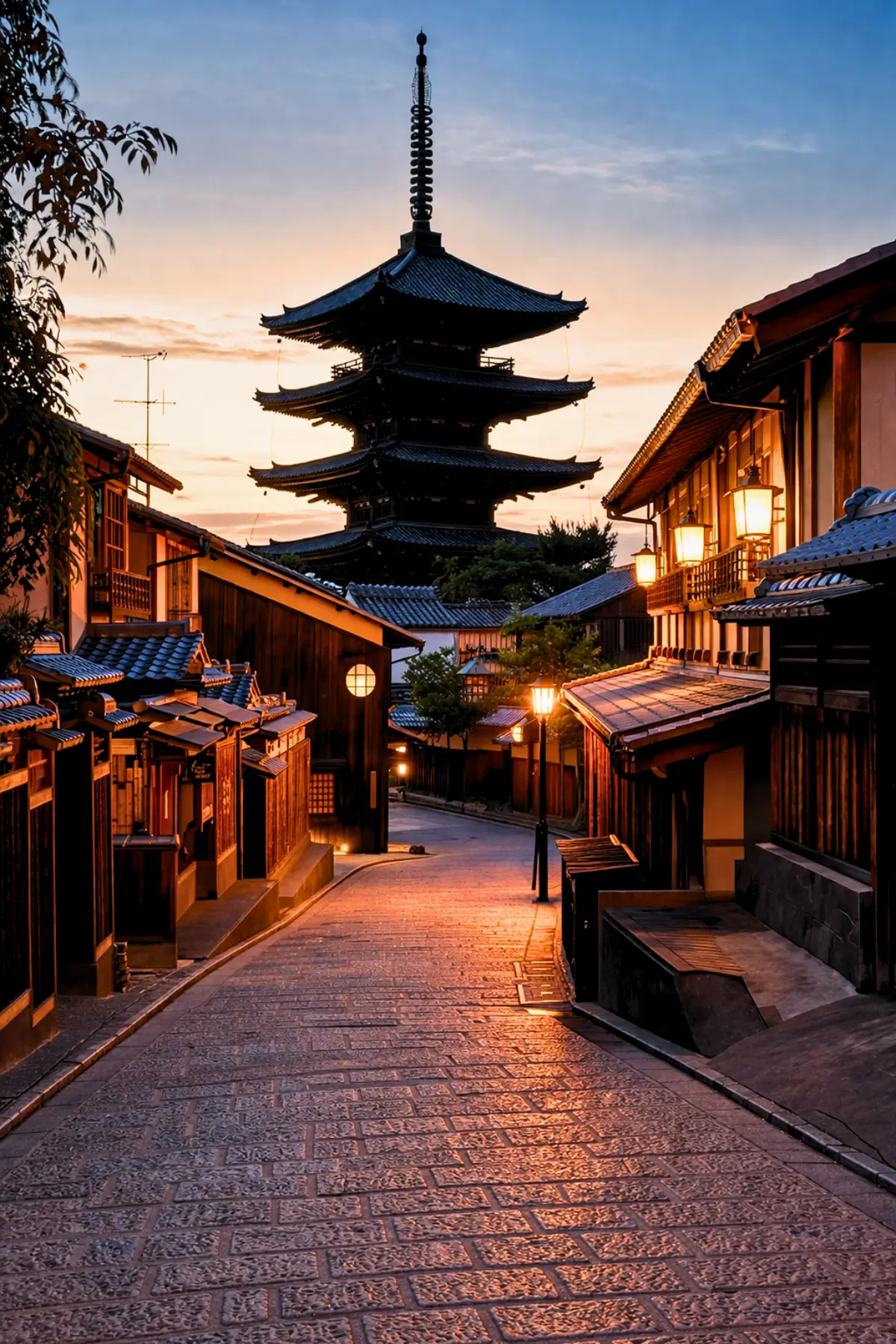 Sunset view of Yasaka Pagoda along a traditional street in Higashiyama, Kyoto.