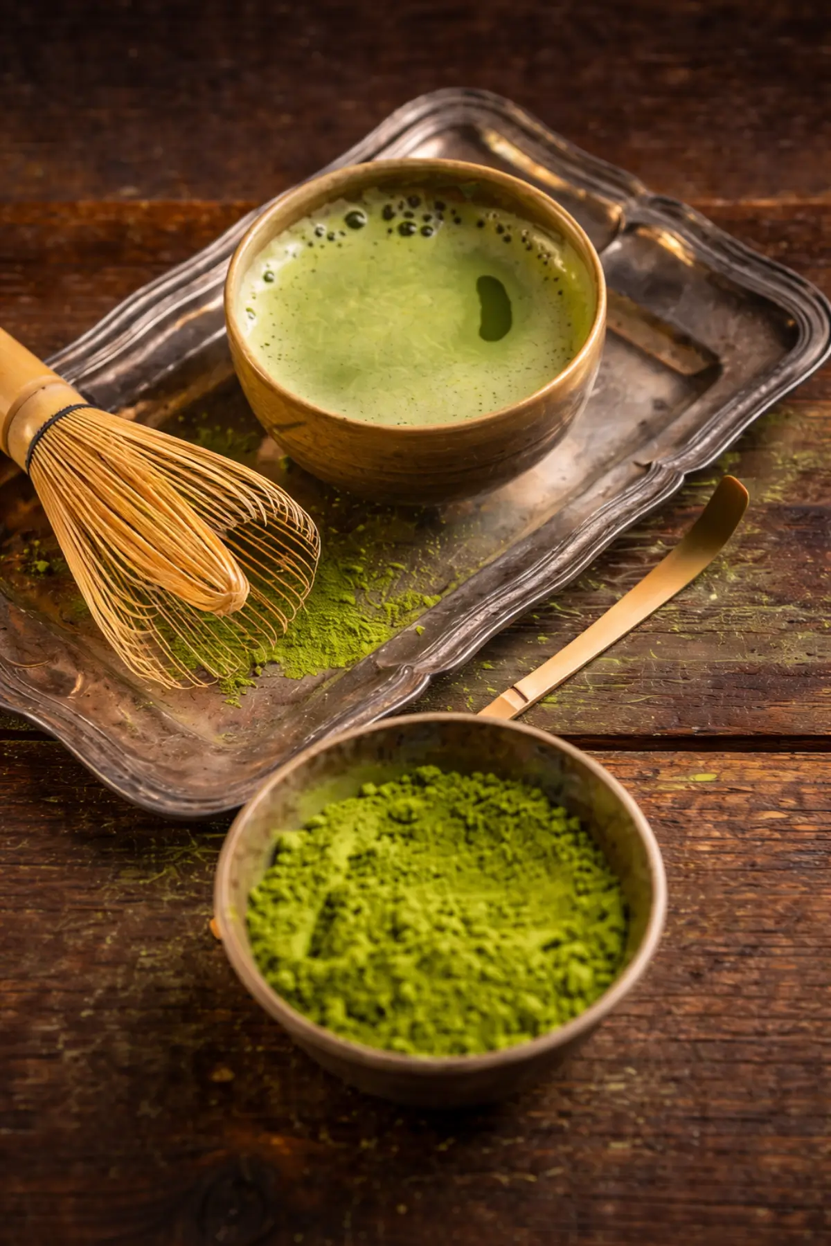 Matcha tea prepared with a bamboo whisk during a traditional tea ceremony in Kyoto.