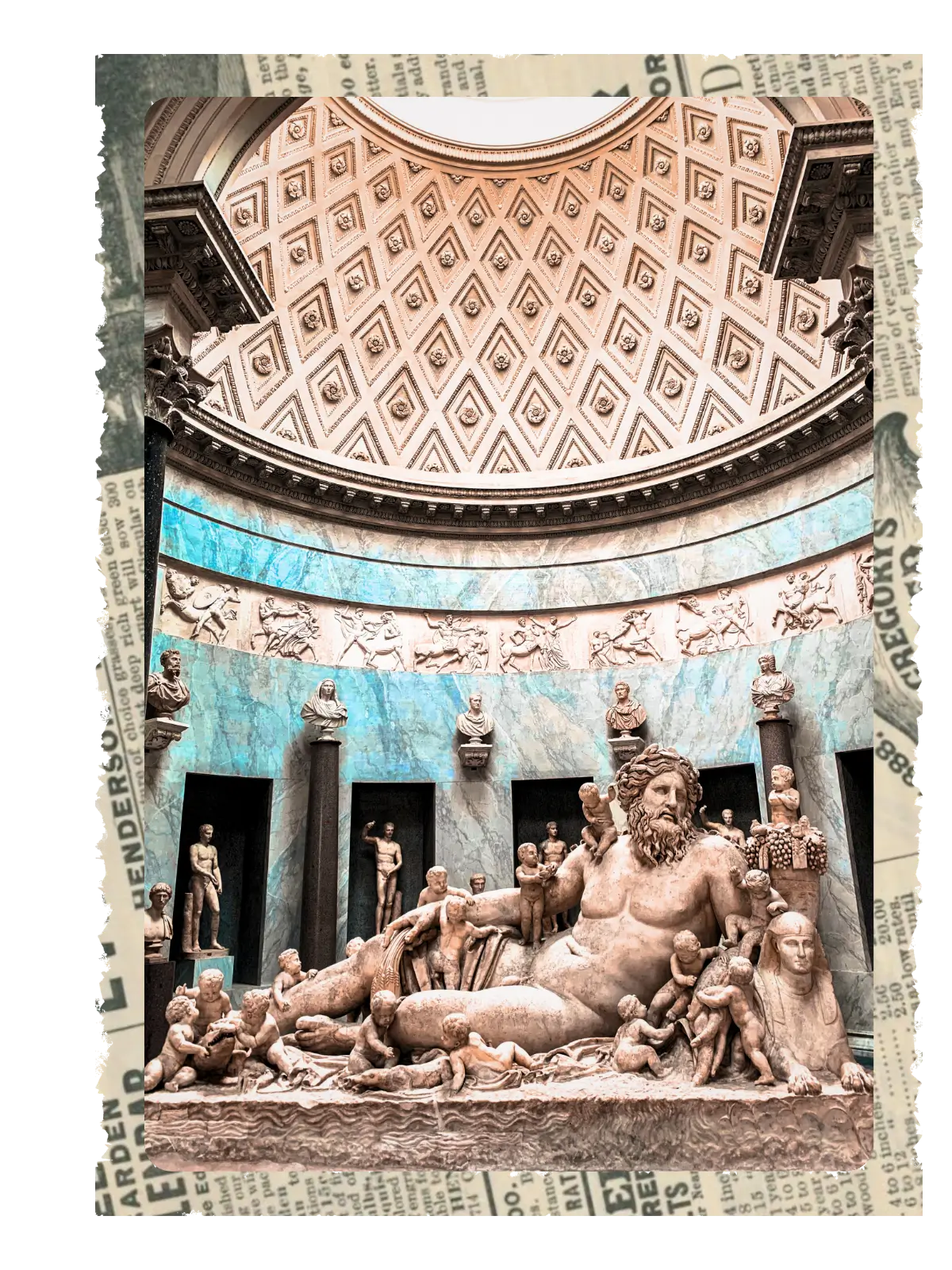 Marble sculptures inside the Pio-Clementino Museum beneath a patterned dome ceiling.