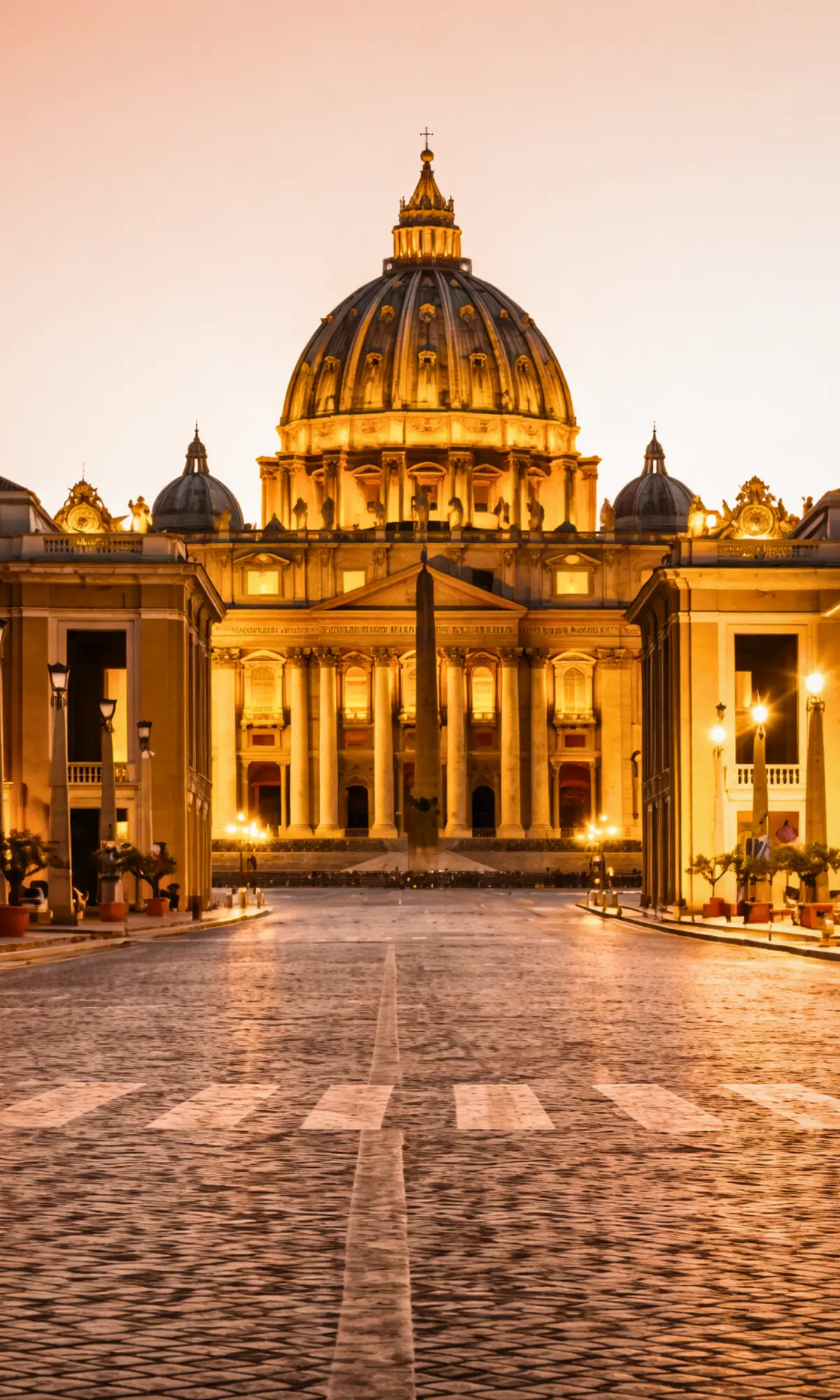 St Peter’s Basilica illuminated at night with the dome glowing over St Peter’s Square.