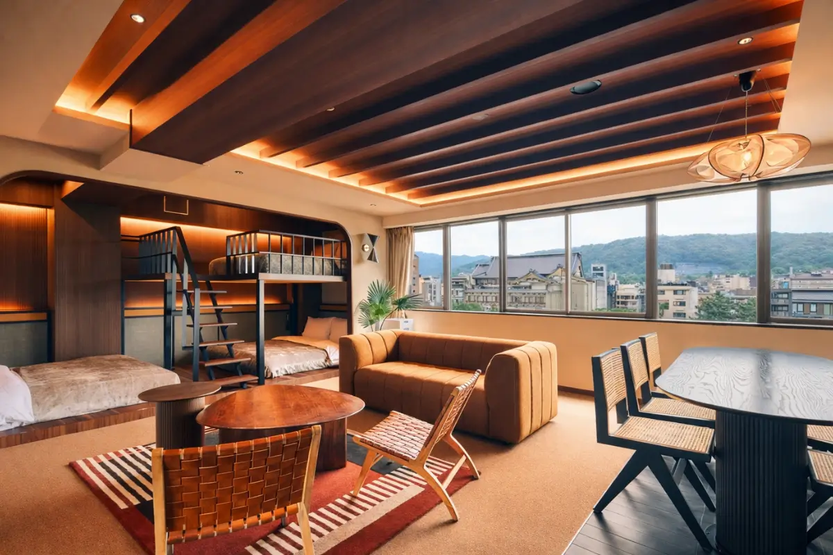 Spacious room at Stitch Hotel Kyoto with wooden ceiling beams, lounge seating, dining area, and large windows overlooking the city.