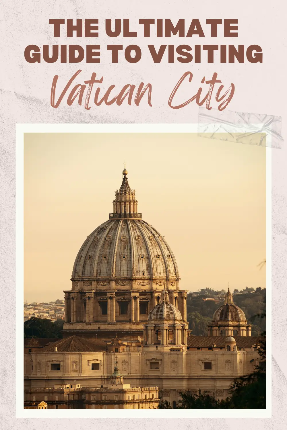 Cover image for a Vatican City travel guide featuring St Peter’s Basilica dome at sunset.