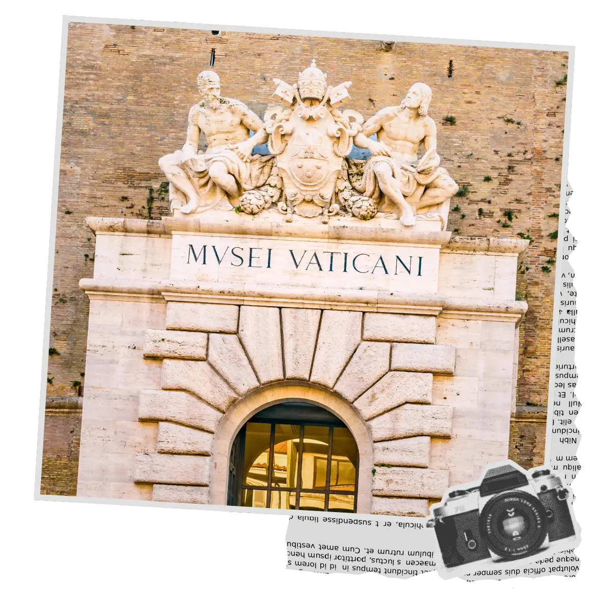 Musei Vaticani entrance sign with statues above the doorway at the Vatican Museums.