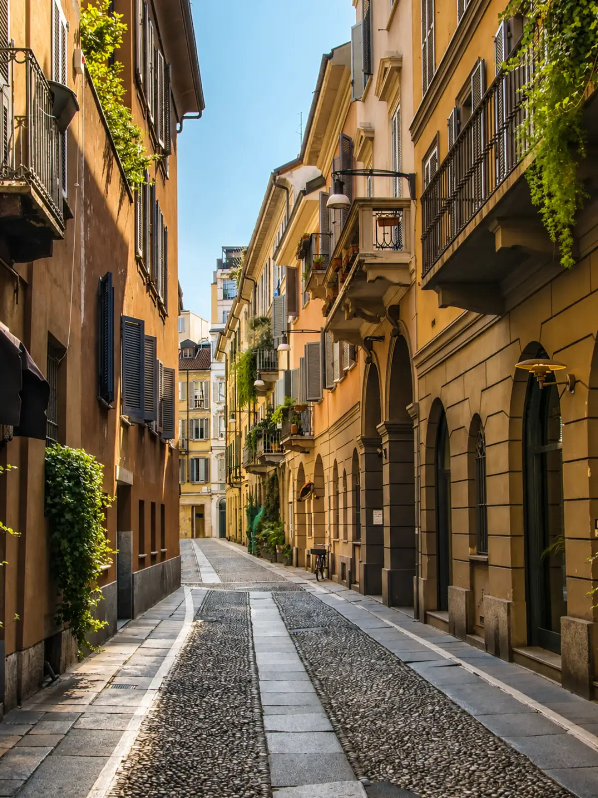 Narrow cobblestone street lined with historic buildings in Brera.
